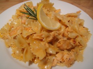 Salmon Alfredo with Farfalle, Sweet Peppers, and Sun Dried Tomatoes